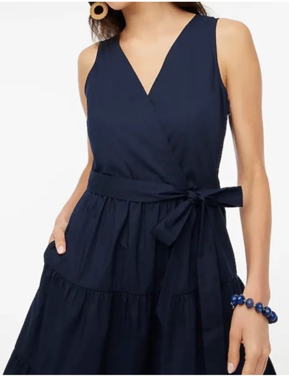 J.Crew Navy Faux Wrap Tiered Dress Tie Waist V-Neck Size 2 - Picture 4 of 14
